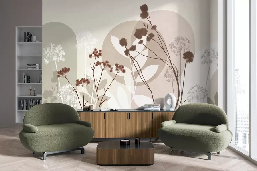 Fototapeta Botaniczna i minimalistyczna kompozycja z suszonych kwiatów i liści z abstrakcyjnymi geometrycznymi motywami w09906v1