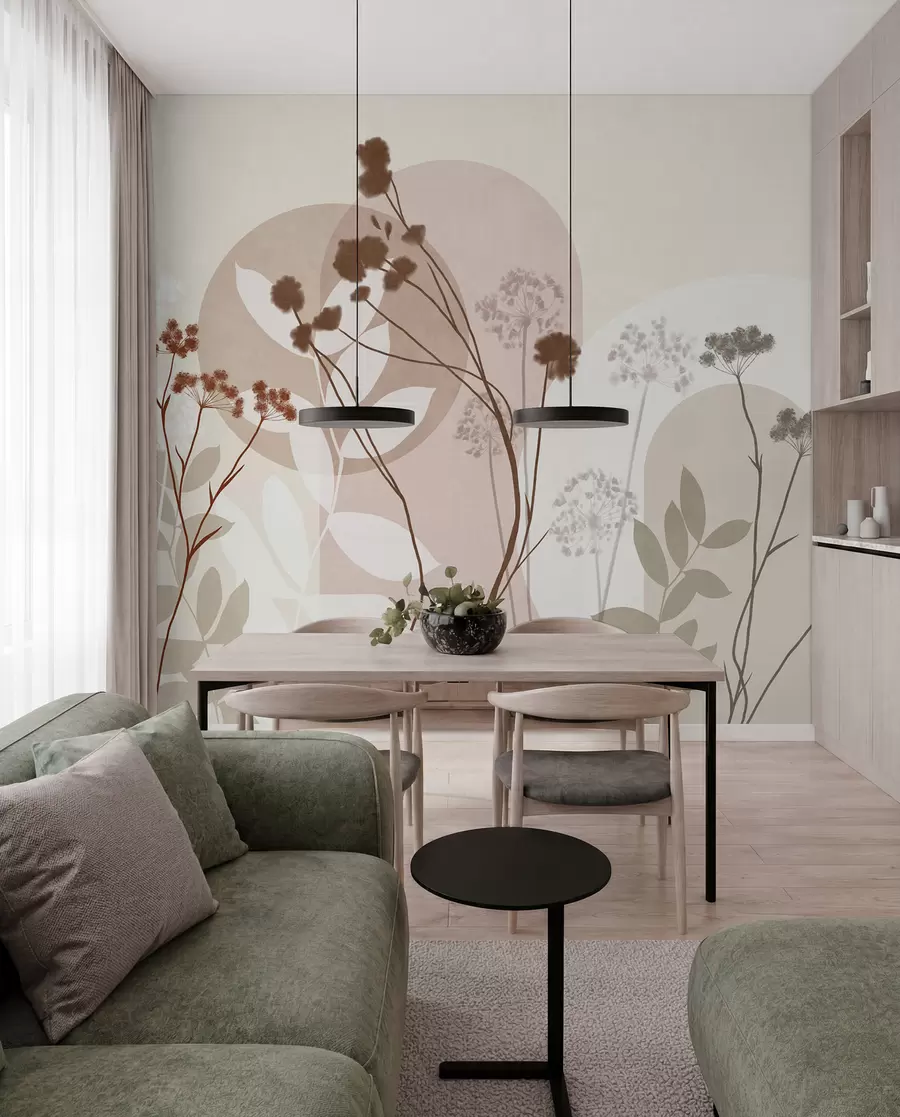 Fototapeta Botaniczna i minimalistyczna kompozycja z suszonych kwiatów i liści z abstrakcyjnymi geometrycznymi motywami w09906v1