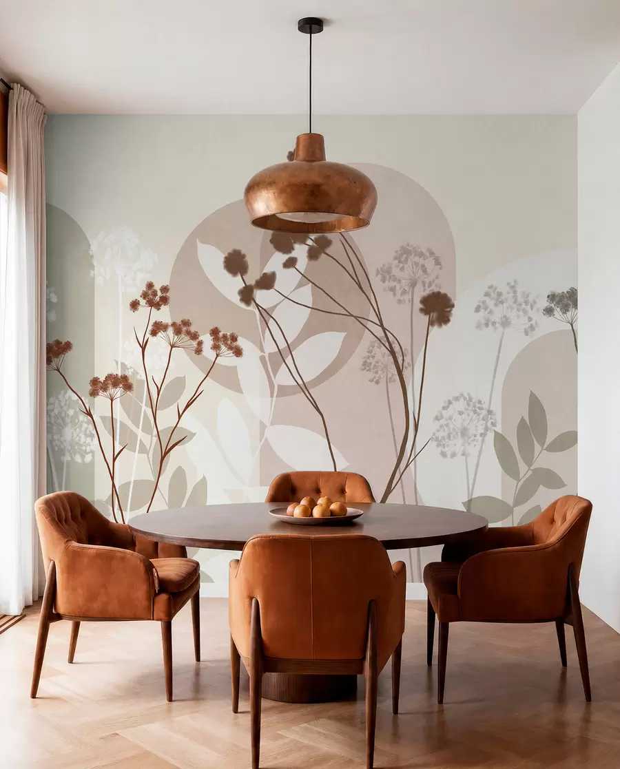 Fototapeta Botaniczna i minimalistyczna kompozycja z suszonych kwiatów i liści z abstrakcyjnymi geometrycznymi motywami w09906v1