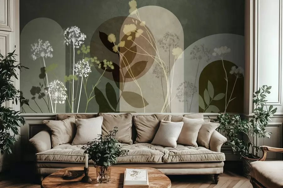 Fototapeta Botaniczna i minimalistyczna kompozycja z suszonych kwiatów i liści z abstrakcyjnymi geometrycznymi motywami w09906v2