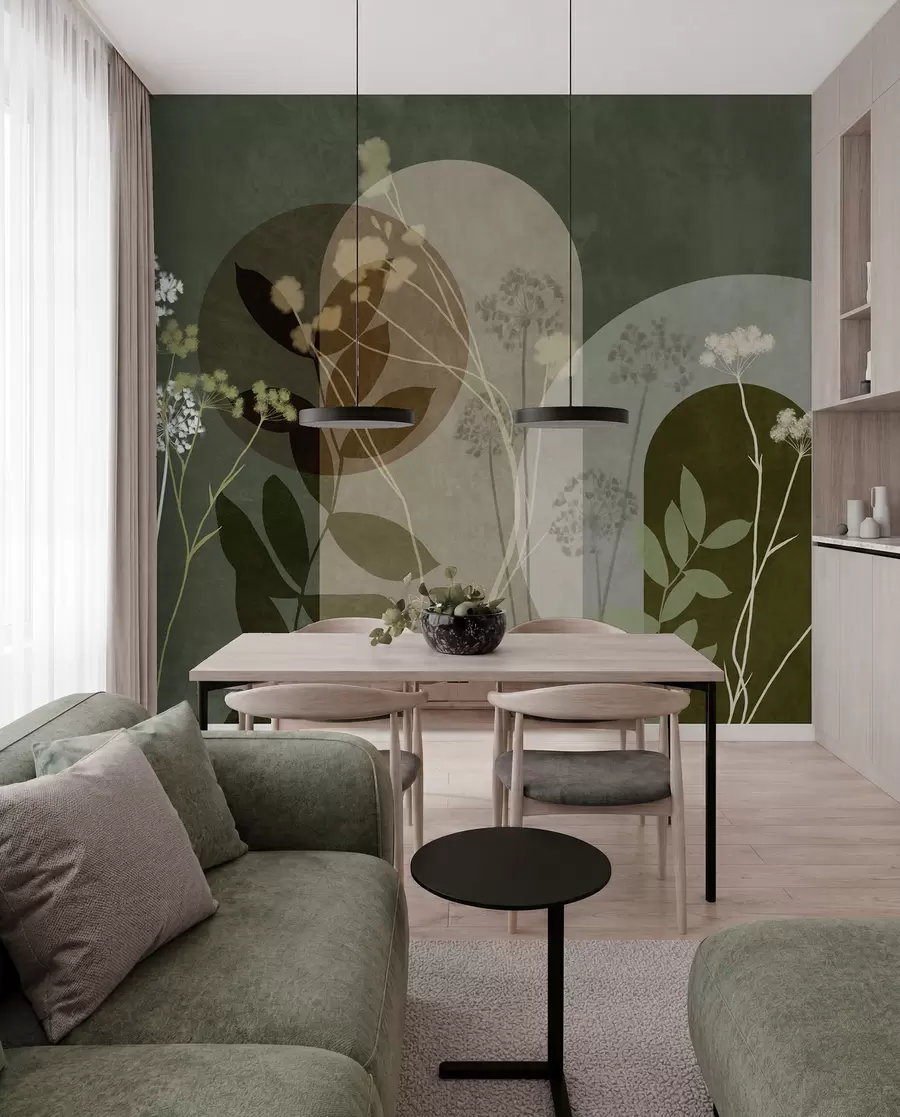 Fototapeta Botaniczna i minimalistyczna kompozycja z suszonych kwiatów i liści z abstrakcyjnymi geometrycznymi motywami w09906v2