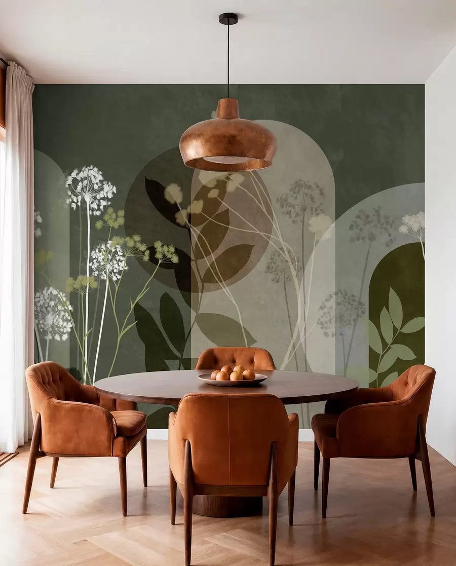 Fototapeta Botaniczna i minimalistyczna kompozycja z suszonych kwiatów i liści z abstrakcyjnymi geometrycznymi motywami w09906v2