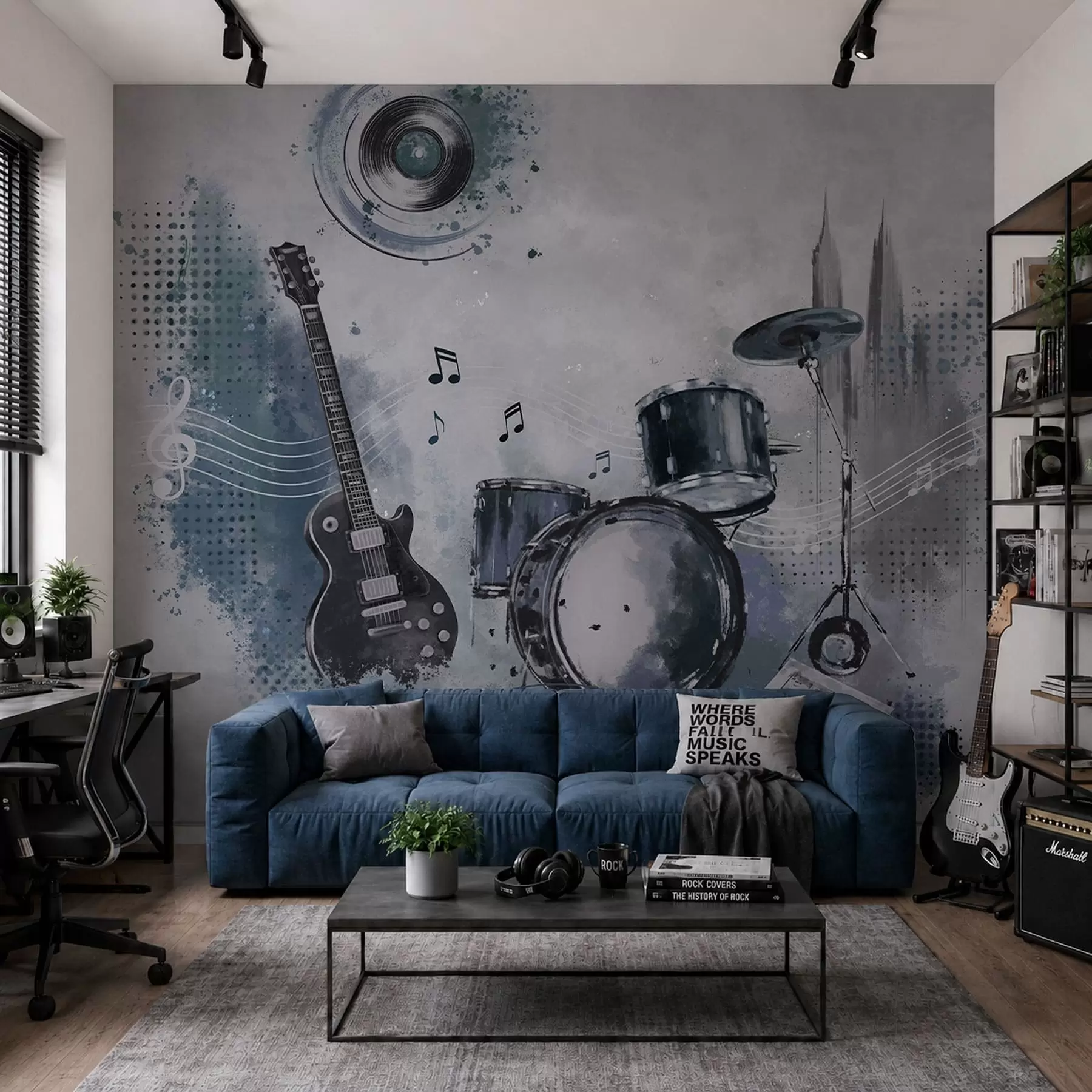 Fototapeta Gitara i zestaw perkusyjny z nutami w05546
