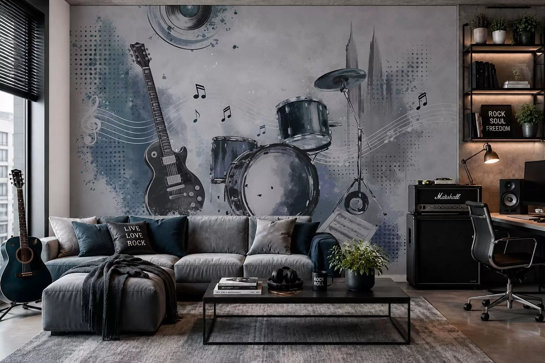 Fototapeta Gitara i zestaw perkusyjny z nutami w05546