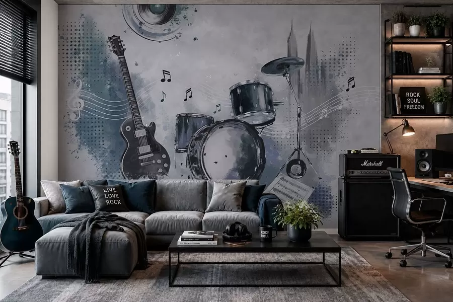 Fototapeta Gitara i zestaw perkusyjny z nutami w05546
