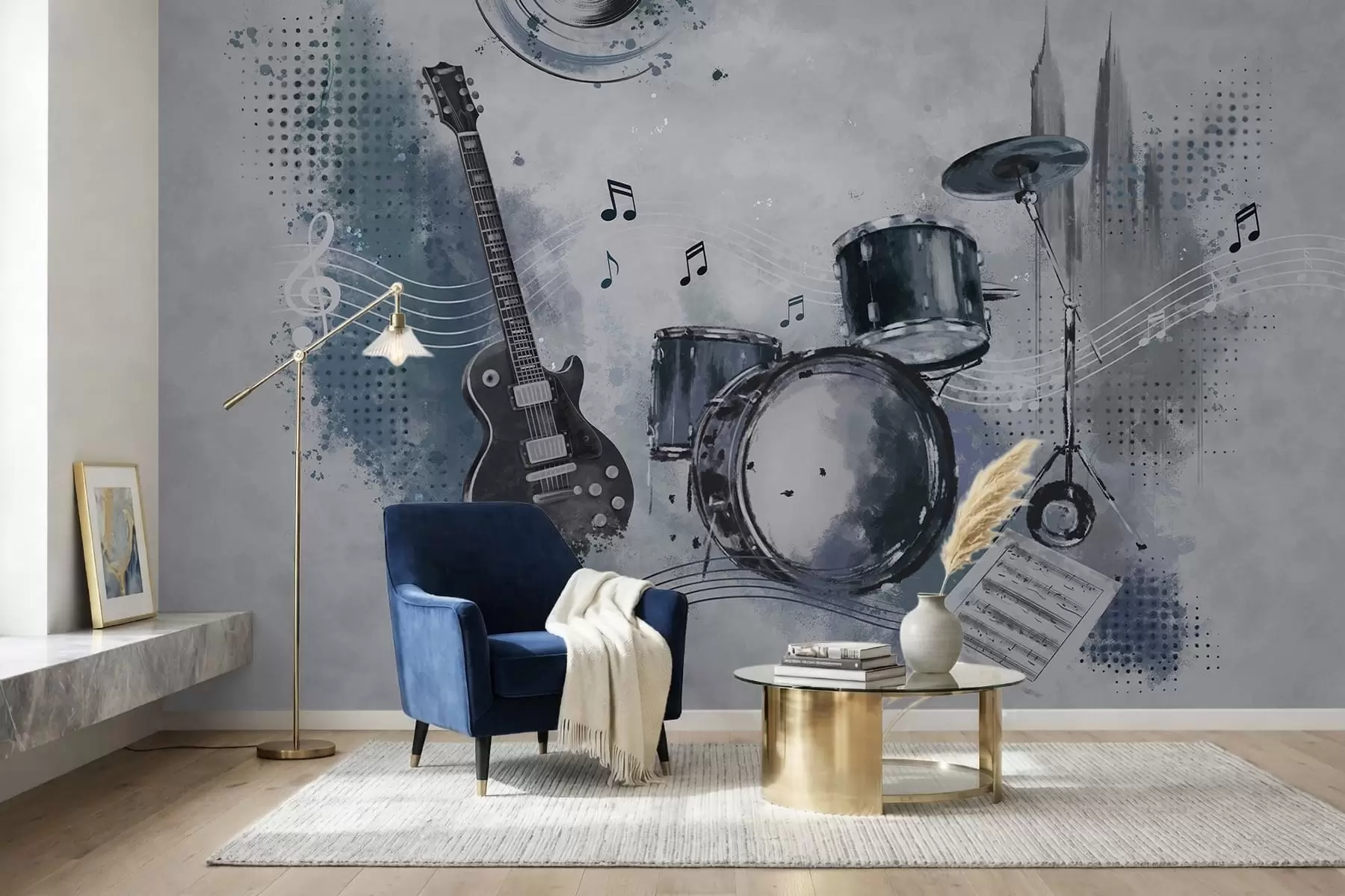 Fototapeta Gitara i zestaw perkusyjny z nutami w05546