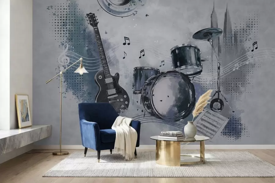 Fototapeta Gitara i zestaw perkusyjny z nutami w05546