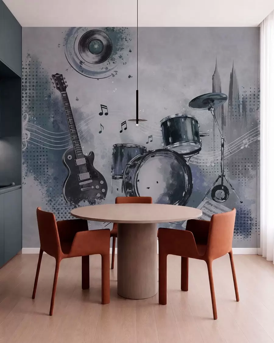 Fototapeta Gitara i zestaw perkusyjny z nutami w05546
