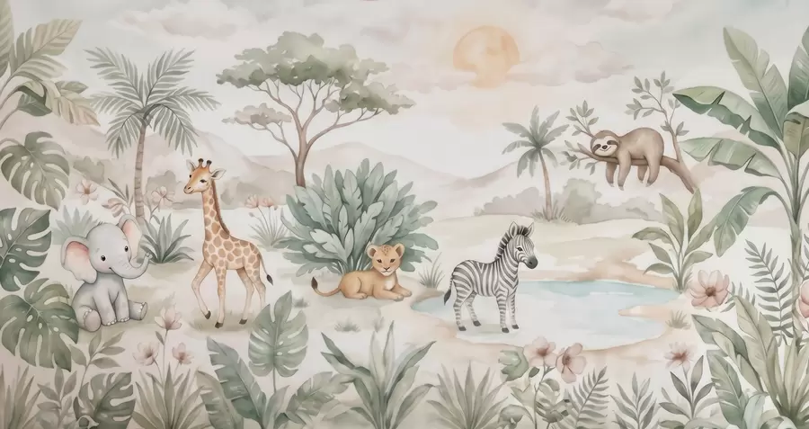 Fototapeta Akwarelowa scena z safari przedstawiająca zwierzęta w delikatnych pastelowych odcieniach, na której widnieją żyrafa, słoniątko, zebra i lwiątko w09888