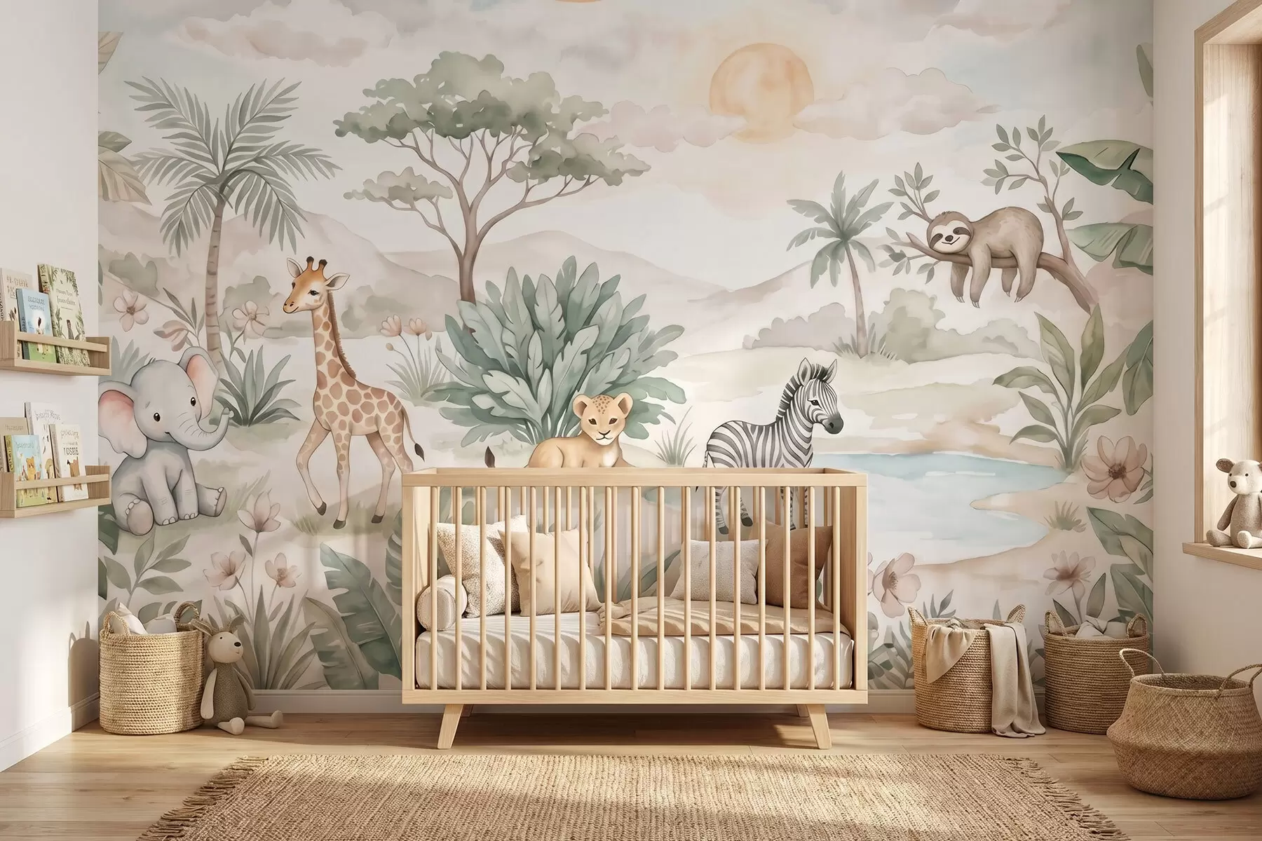 Fototapeta Akwarelowa scena z safari przedstawiająca zwierzęta w delikatnych pastelowych odcieniach, na której widnieją żyrafa, słoniątko, zebra i lwiątko w09888