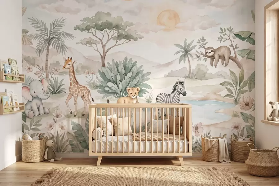 Fototapeta Akwarelowa scena z safari przedstawiająca zwierzęta w delikatnych pastelowych odcieniach, na której widnieją żyrafa, słoniątko, zebra i lwiątko w09888