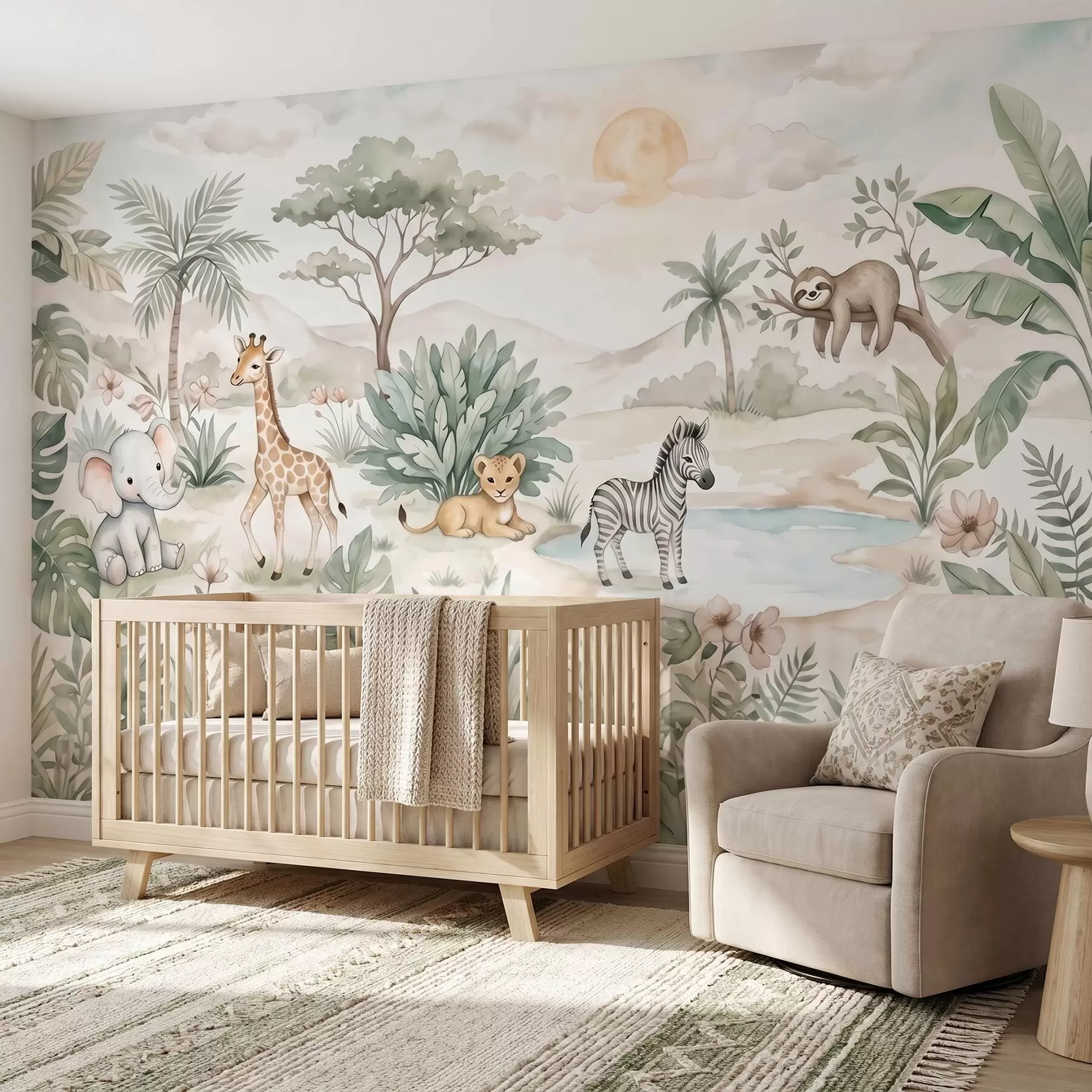 Fototapeta Akwarelowa scena z safari przedstawiająca zwierzęta w delikatnych pastelowych odcieniach, na której widnieją żyrafa, słoniątko, zebra i lwiątko w09888