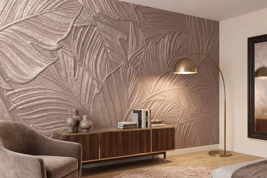 Fototapeta Wytłoczone tropikalne liście o delikatnej fakturze w ciepłych odcieniach beżu w09886