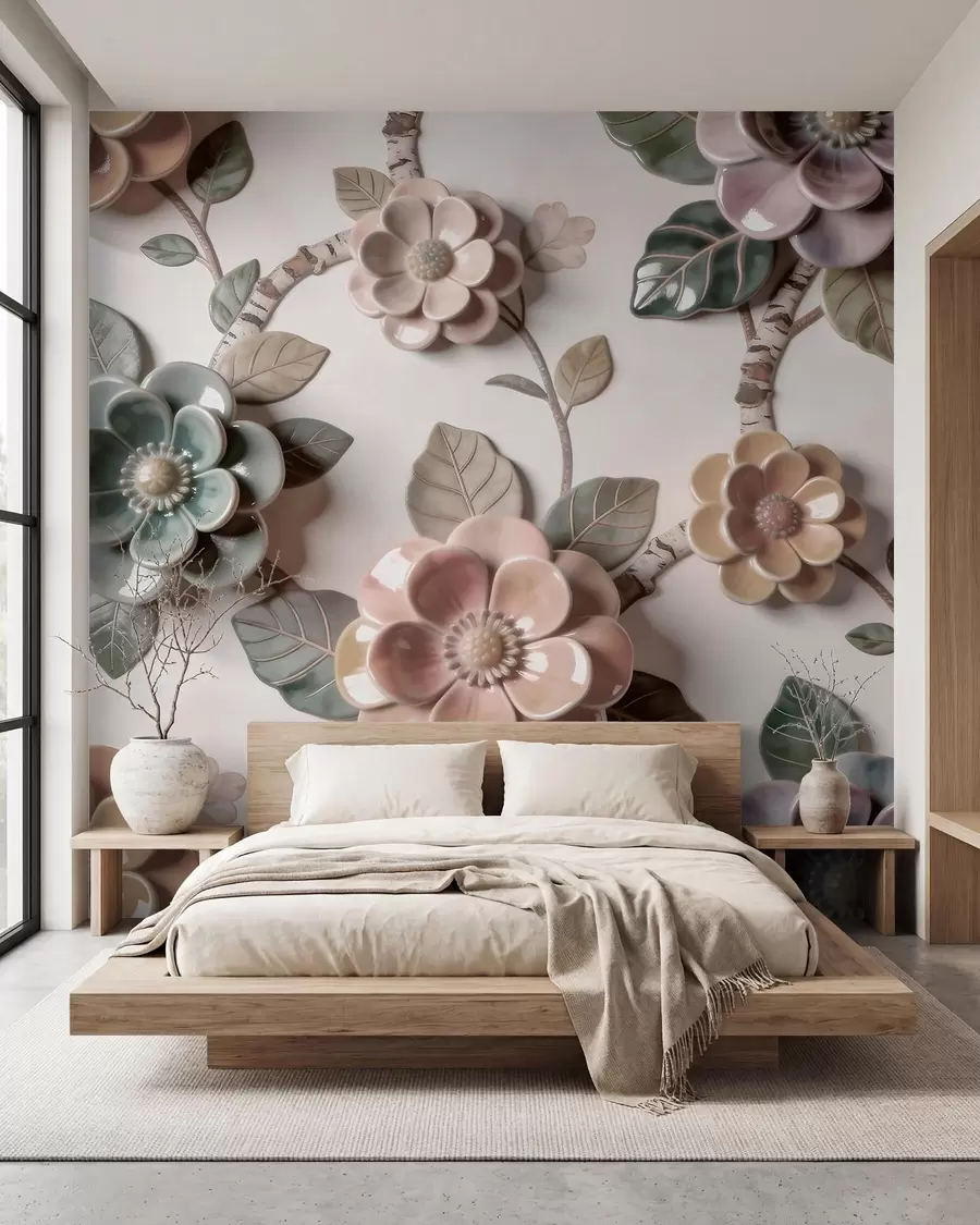 Fototapeta Trójwymiarowe kwiaty ceramiczne w delikatnej pastelowej kolorystyce w09887