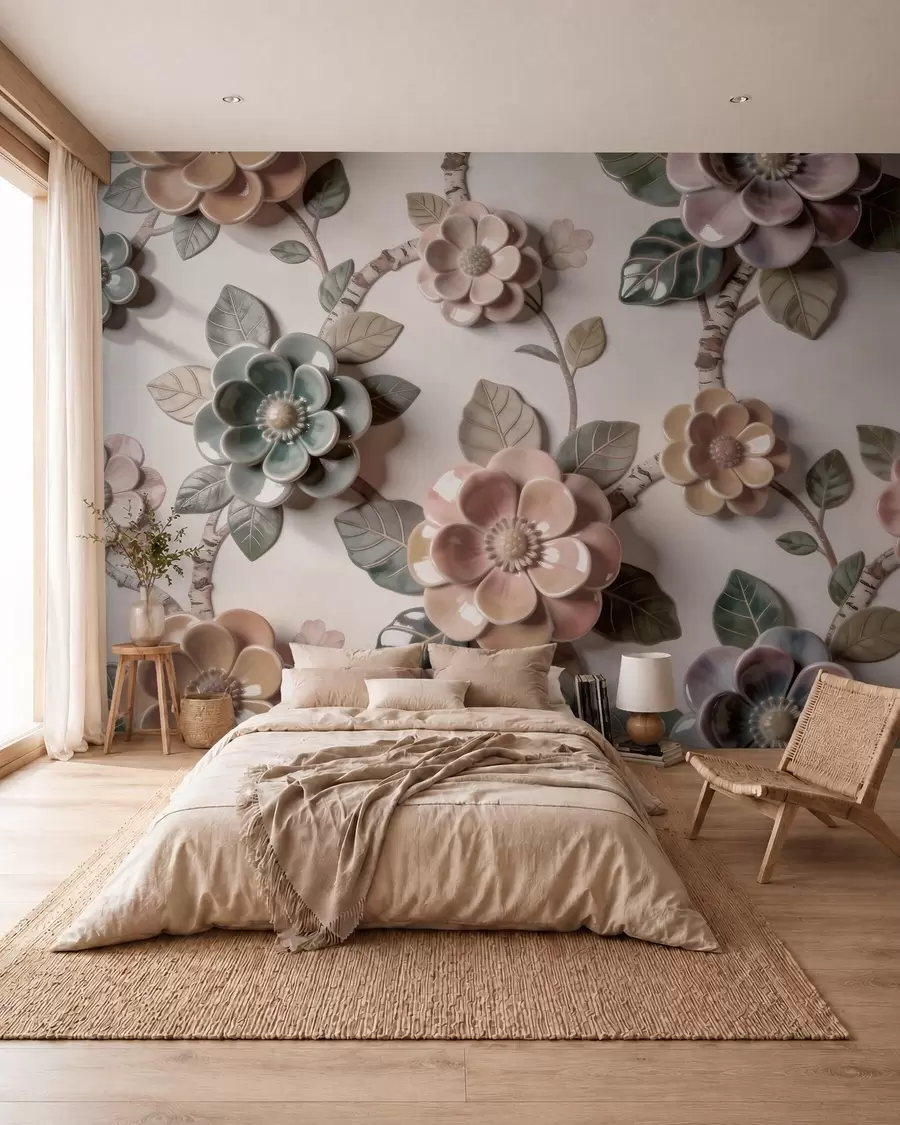 Fototapeta Trójwymiarowe kwiaty ceramiczne w delikatnej pastelowej kolorystyce w09887