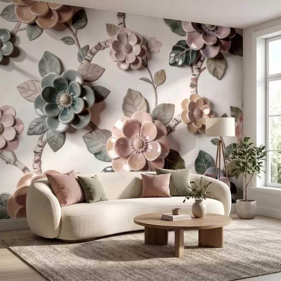 Fototapeta Trójwymiarowe kwiaty ceramiczne w delikatnej pastelowej kolorystyce w09887