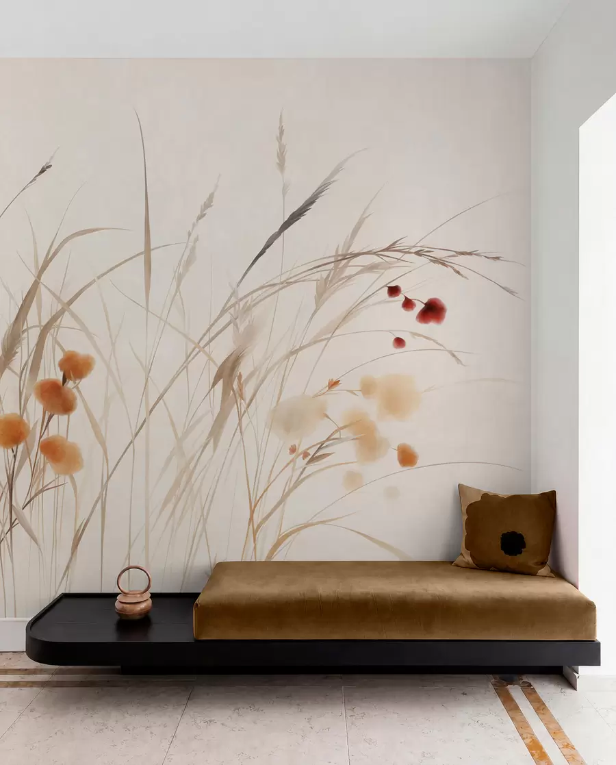 Fototapeta Wysokie trawy i małe pomarańczowe polne kwiaty na jasnym tle, styl boho z wyrazistą fakturą w09902