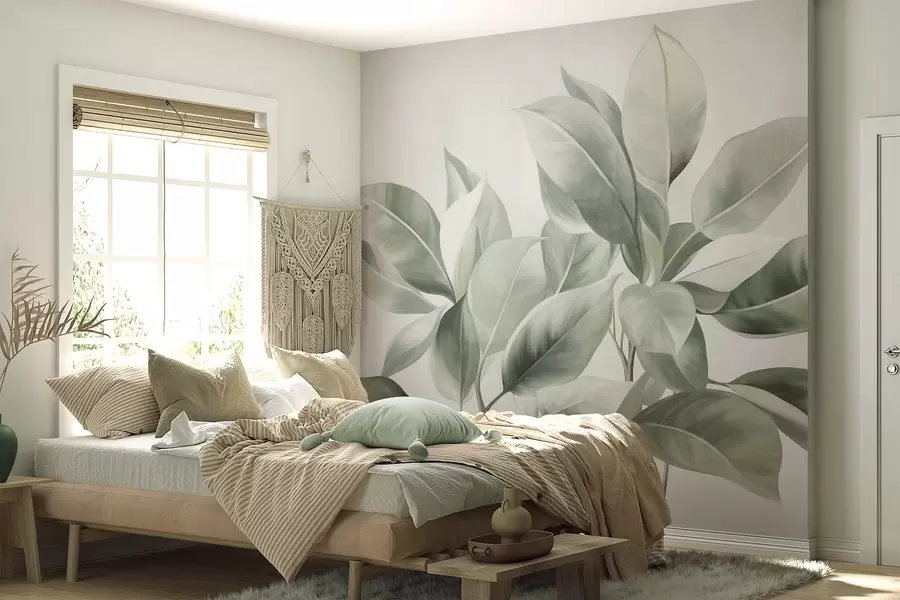 Fototapeta Jasnozielone liście na jasnym, delikatnym tle, styl boho z wyrazistą fakturą w09909