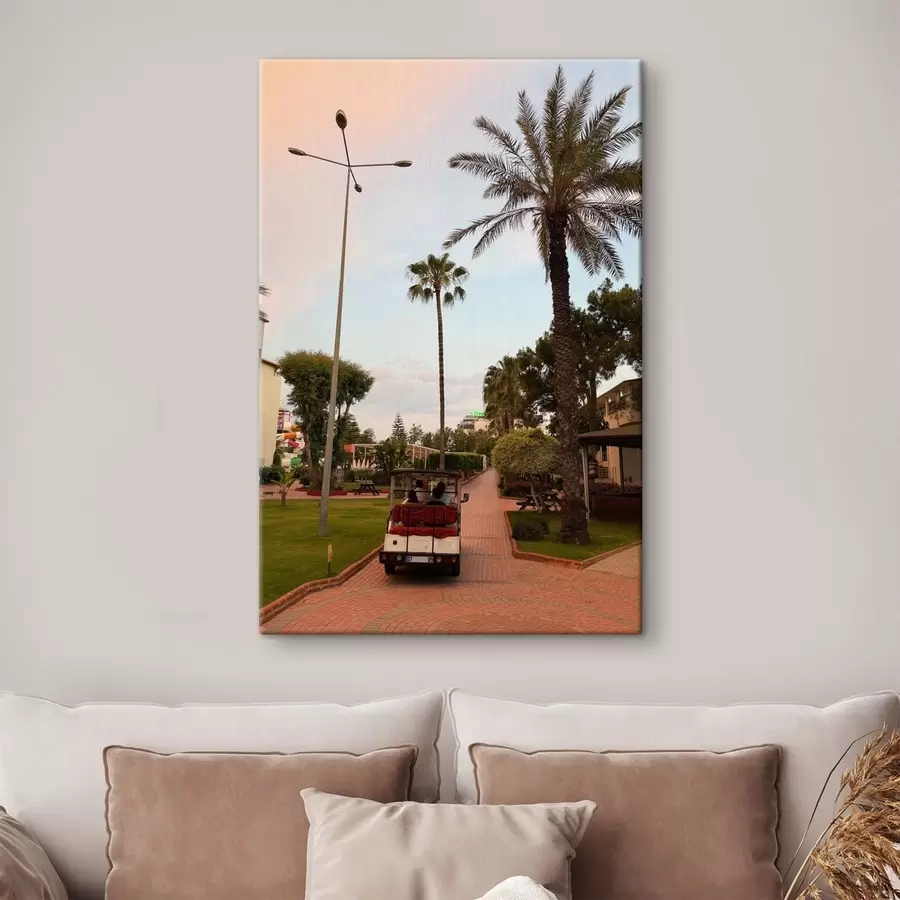 Fototapeta Aleja w ośrodku wypoczynkowym z palmami i wózkiem elektrycznym s49695