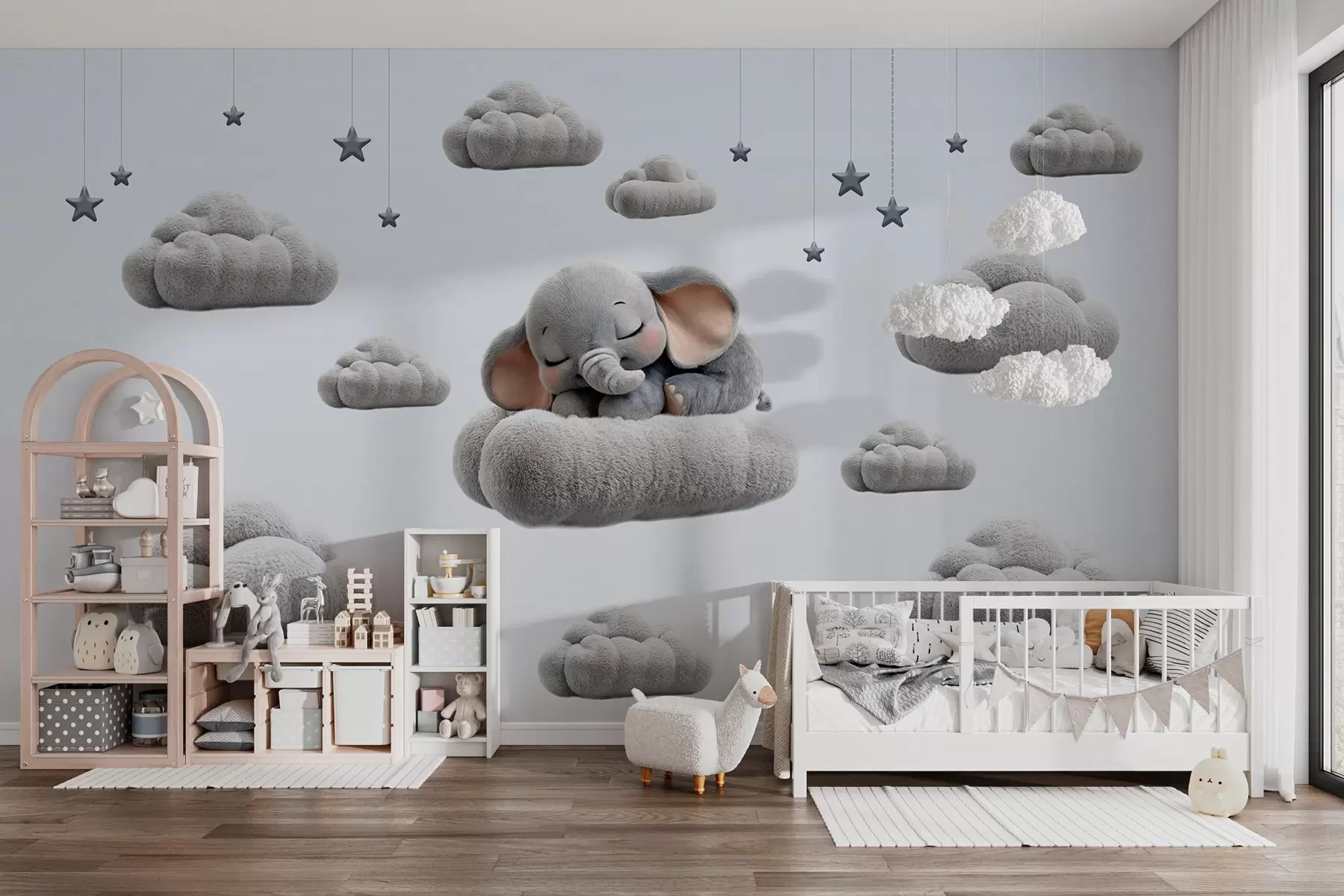 Fototapeta uroczy mały słonik w stylu 3D, śpiący wśród puszystych chmur w05754