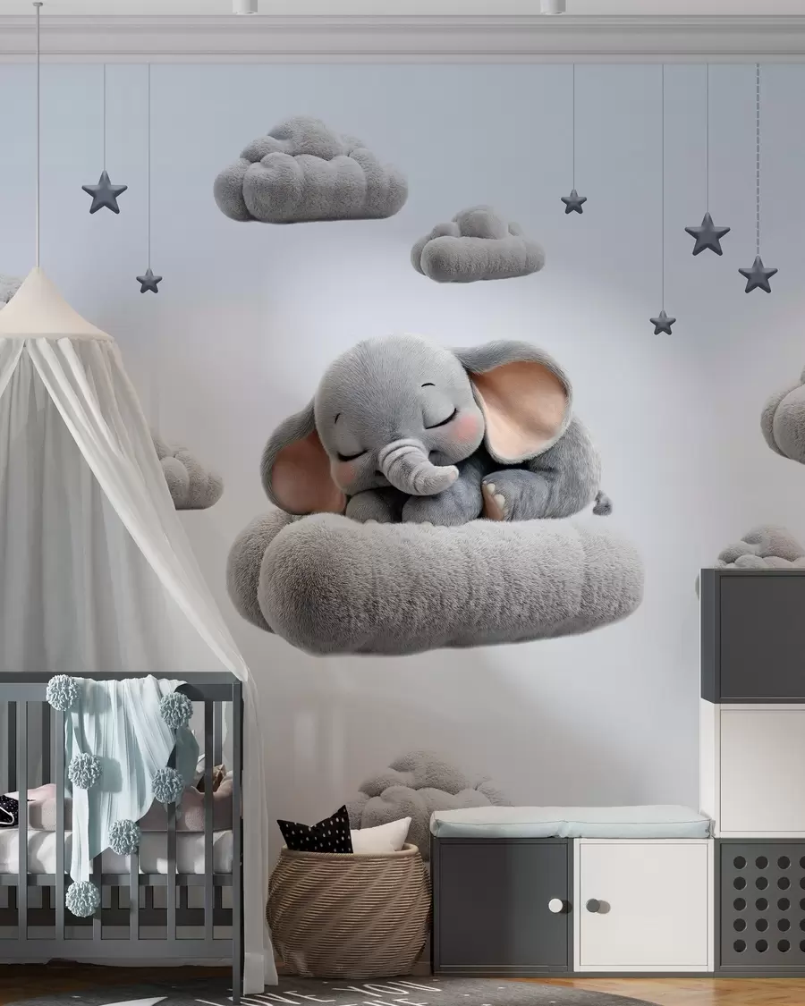 Fototapeta uroczy mały słonik w stylu 3D, śpiący wśród puszystych chmur w05754