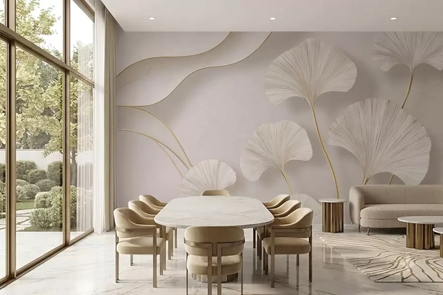 Fototapeta Pełne, jasne liście miłorzębu o płynnych kształtach na marmurowym tle w05734