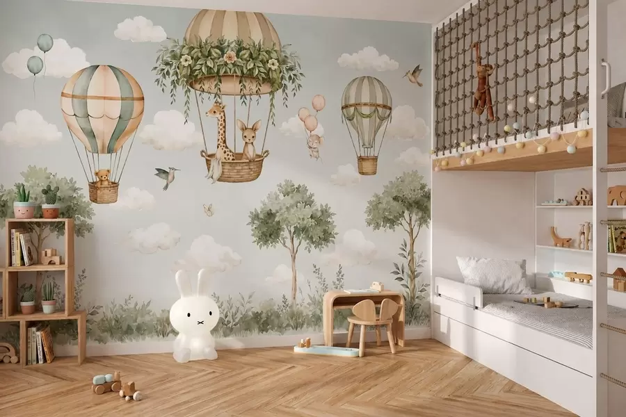 Fototapeta Balony na gorące powietrze z żyrafą, kangurem, niedźwiedziem i innymi zwierzętami wśród chmur i drzew w05738