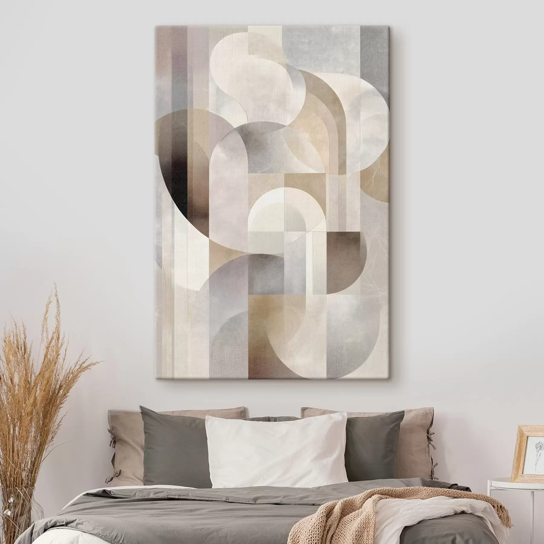 Obraz Minimalistyczna, geometryczna, abstrakcyjna kompozycja, utrzymana w palecie delikatnych odcieni beżu, kremu, szaro-brązu i szaro-beżu s49876
