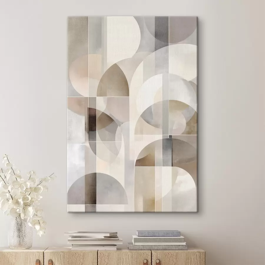 Obraz Minimalistyczna, geometryczna, abstrakcyjna kompozycja, utrzymana w palecie delikatnych odcieni beżu, kremu, szaro-brązu i szaro-beżu s49877