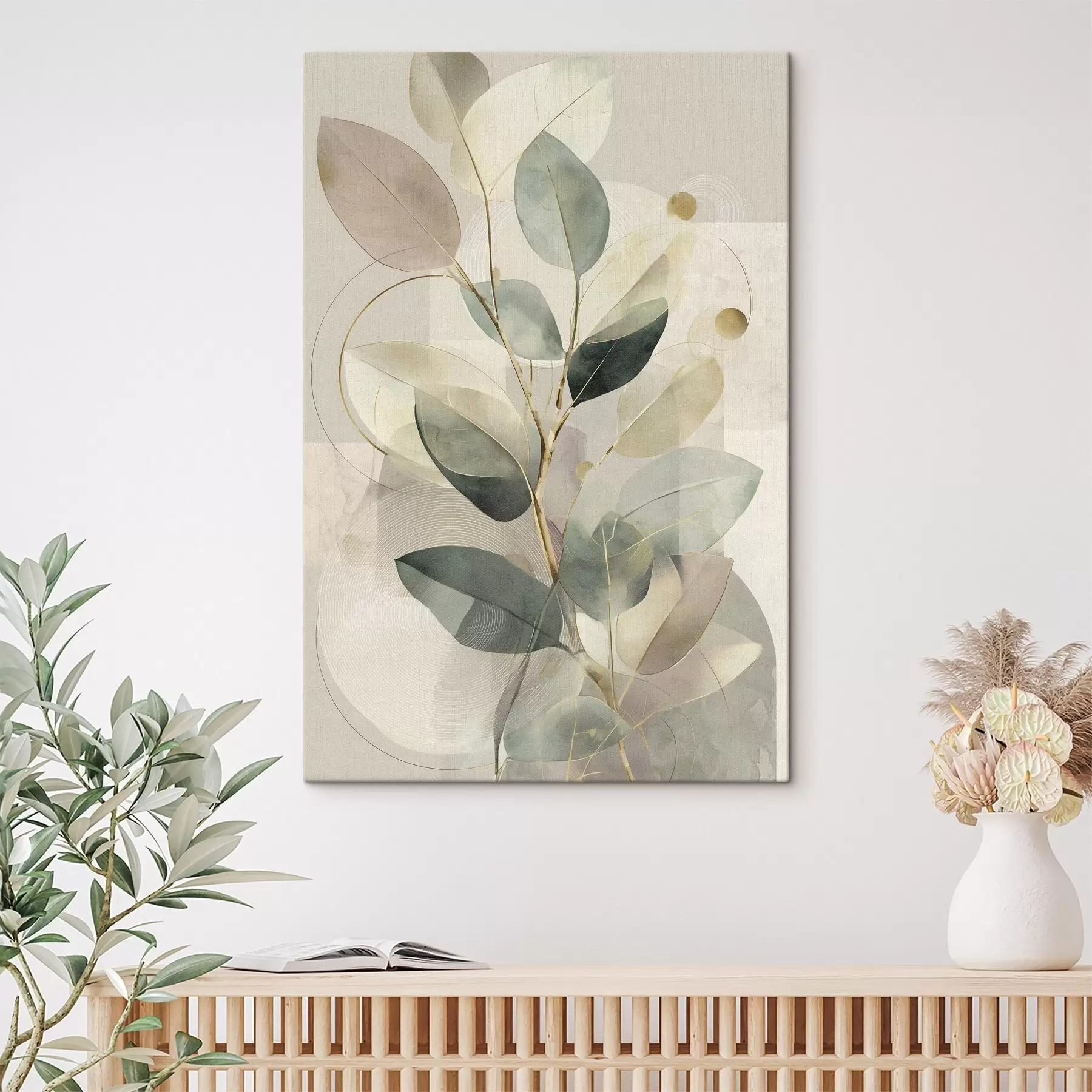 Obraz Minimalistyczna, abstrakcyjna grafika o tematyce botanicznej przedstawiająca elegancką gałązkę oliwną z delikatnymi liśćmi w kolorze szałwiowej zieleni i ciepłego beżu s49878
