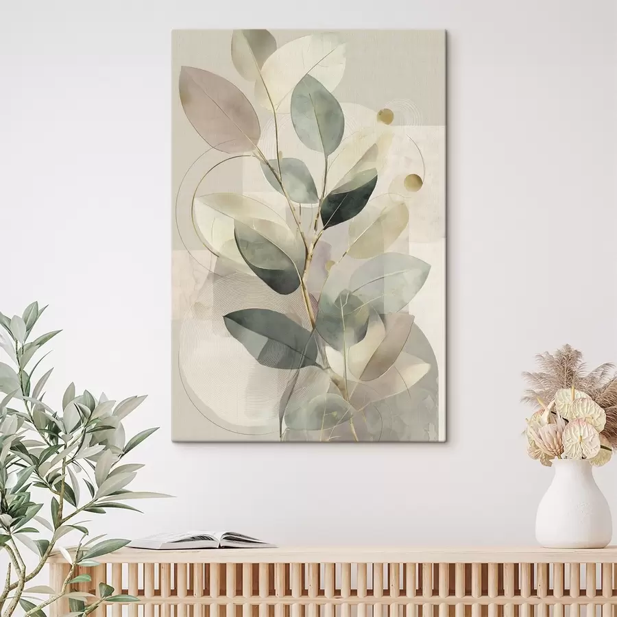 Obraz Minimalistyczna, abstrakcyjna grafika o tematyce botanicznej przedstawiająca elegancką gałązkę oliwną z delikatnymi liśćmi w kolorze szałwiowej zieleni i ciepłego beżu s49878