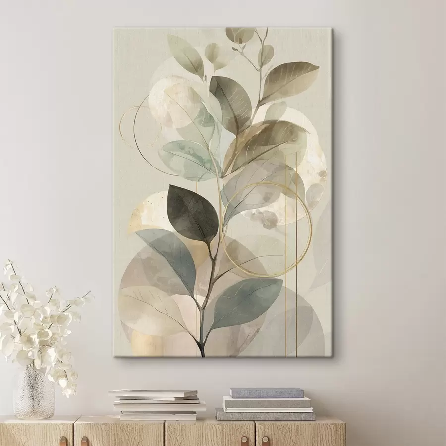 Obraz Minimalistyczna, abstrakcyjna grafika o tematyce botanicznej przedstawiająca elegancką gałązkę oliwną z delikatnymi liśćmi w kolorze szałwiowej zieleni i ciepłego beżu s49879