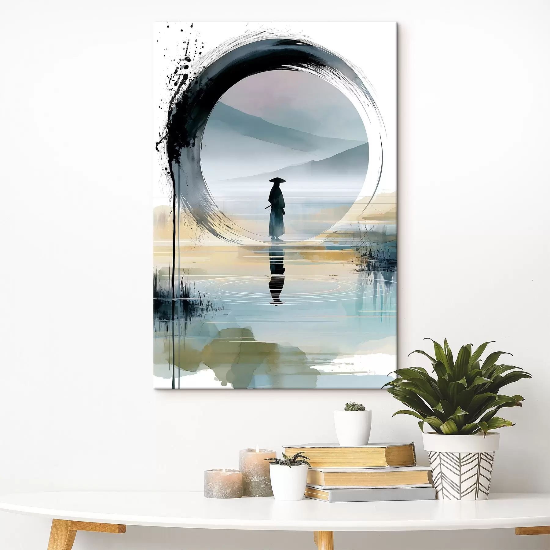 Obraz Współczesna ilustracja w stylu zen przedstawiająca samuraja, okrąg enso, pejzaż namalowany akwarelą oraz odbicie w lustrze s49880