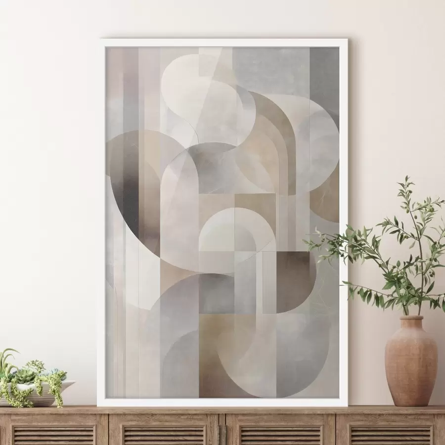 Fototapeta Minimalistyczna, geometryczna, abstrakcyjna kompozycja, utrzymana w palecie delikatnych odcieni beżu, kremu, szaro-brązu i szaro-beżu f49876