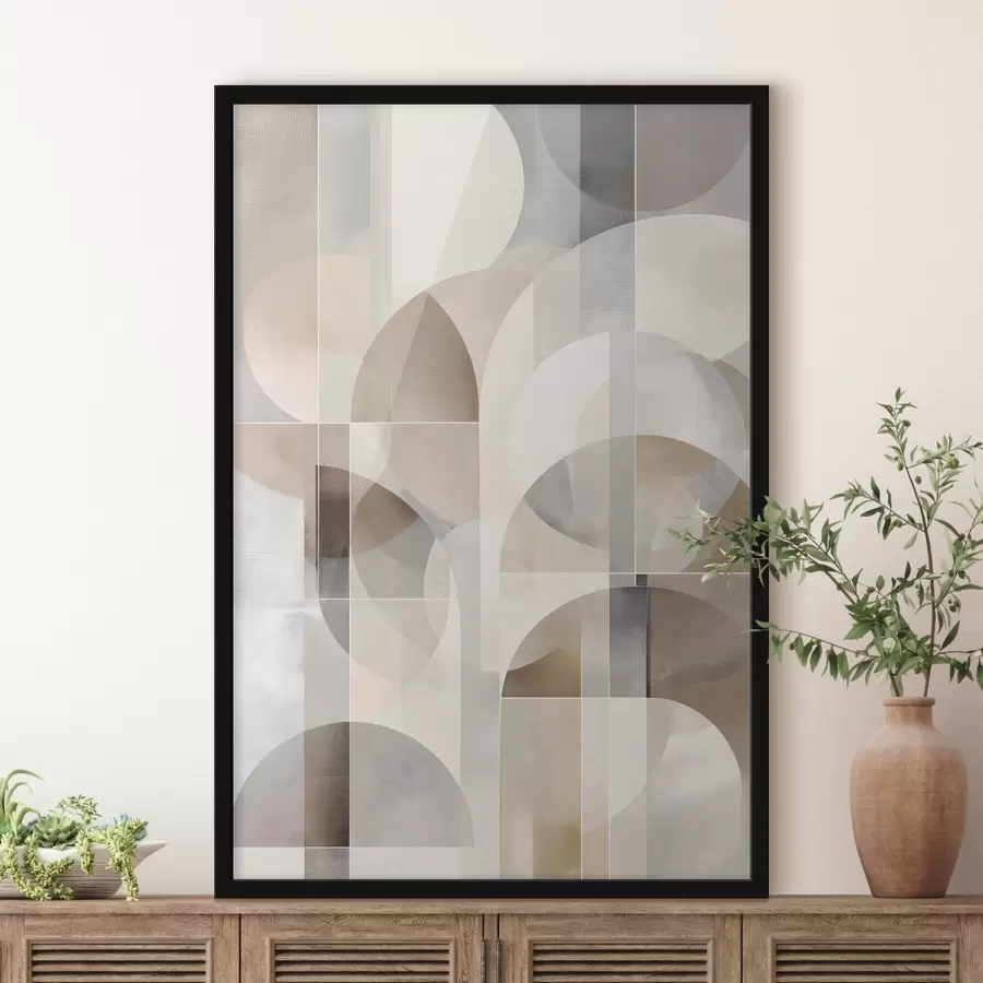 Fototapeta Minimalistyczna, geometryczna, abstrakcyjna kompozycja, utrzymana w palecie delikatnych odcieni beżu, kremu, szaro-brązu i szaro-beżu f49877