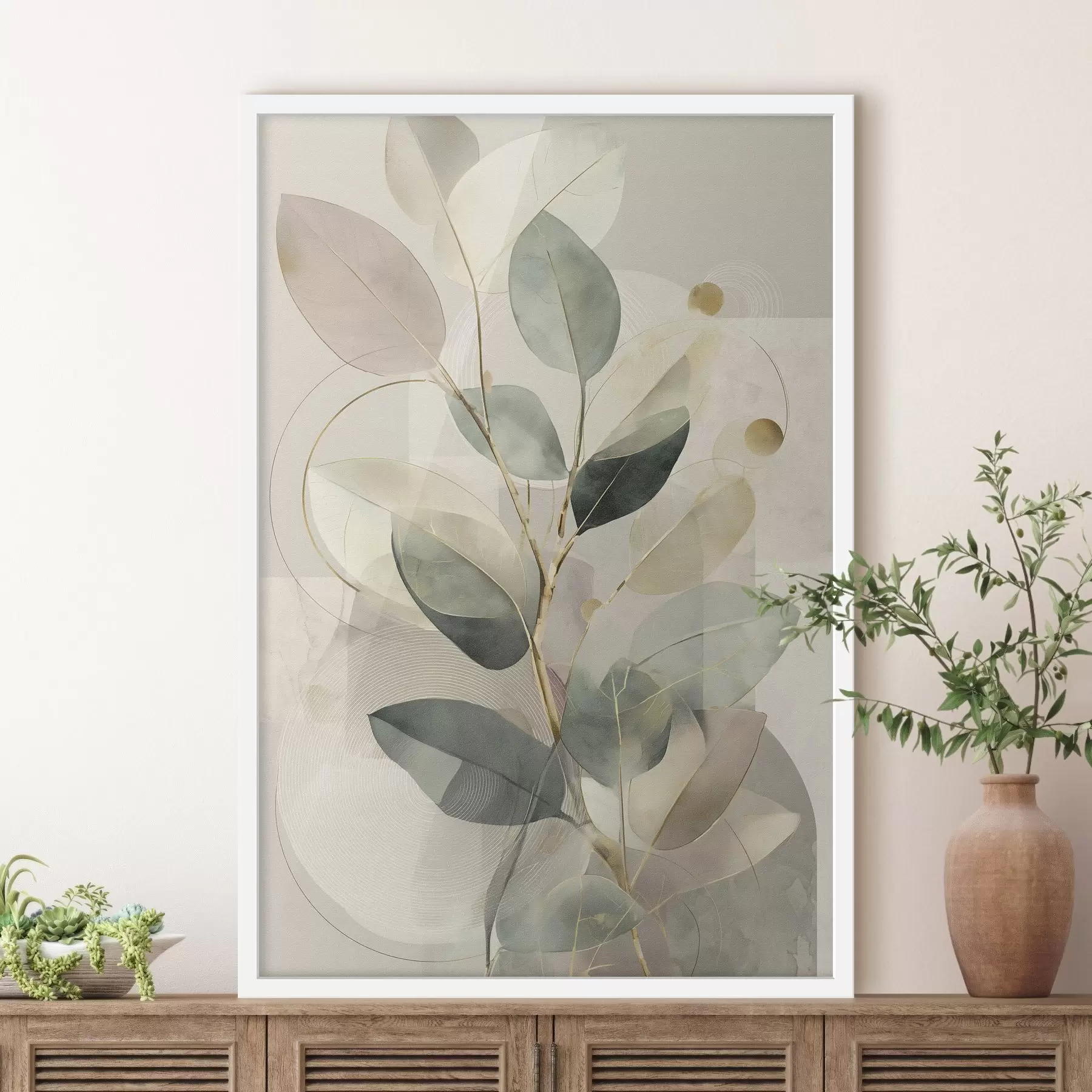 Fototapeta Minimalistyczna, abstrakcyjna grafika o tematyce botanicznej przedstawiająca elegancką gałązkę oliwną z delikatnymi liśćmi w kolorze szałwiowej zieleni i ciepłego beżu f49878