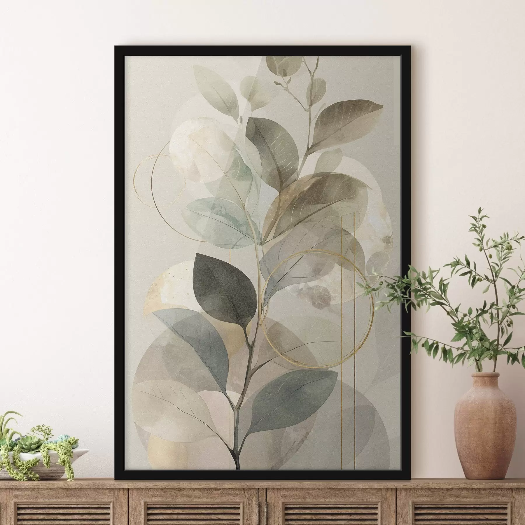 Fototapeta Minimalistyczna, abstrakcyjna grafika o tematyce botanicznej przedstawiająca elegancką gałązkę oliwną z delikatnymi liśćmi w kolorze szałwiowej zieleni i ciepłego beżu f49879