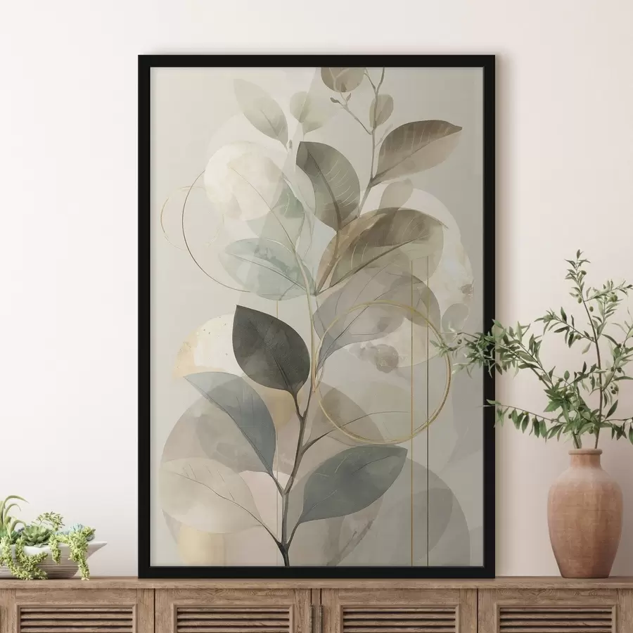Fototapeta Minimalistyczna, abstrakcyjna grafika o tematyce botanicznej przedstawiająca elegancką gałązkę oliwną z delikatnymi liśćmi w kolorze szałwiowej zieleni i ciepłego beżu f49879