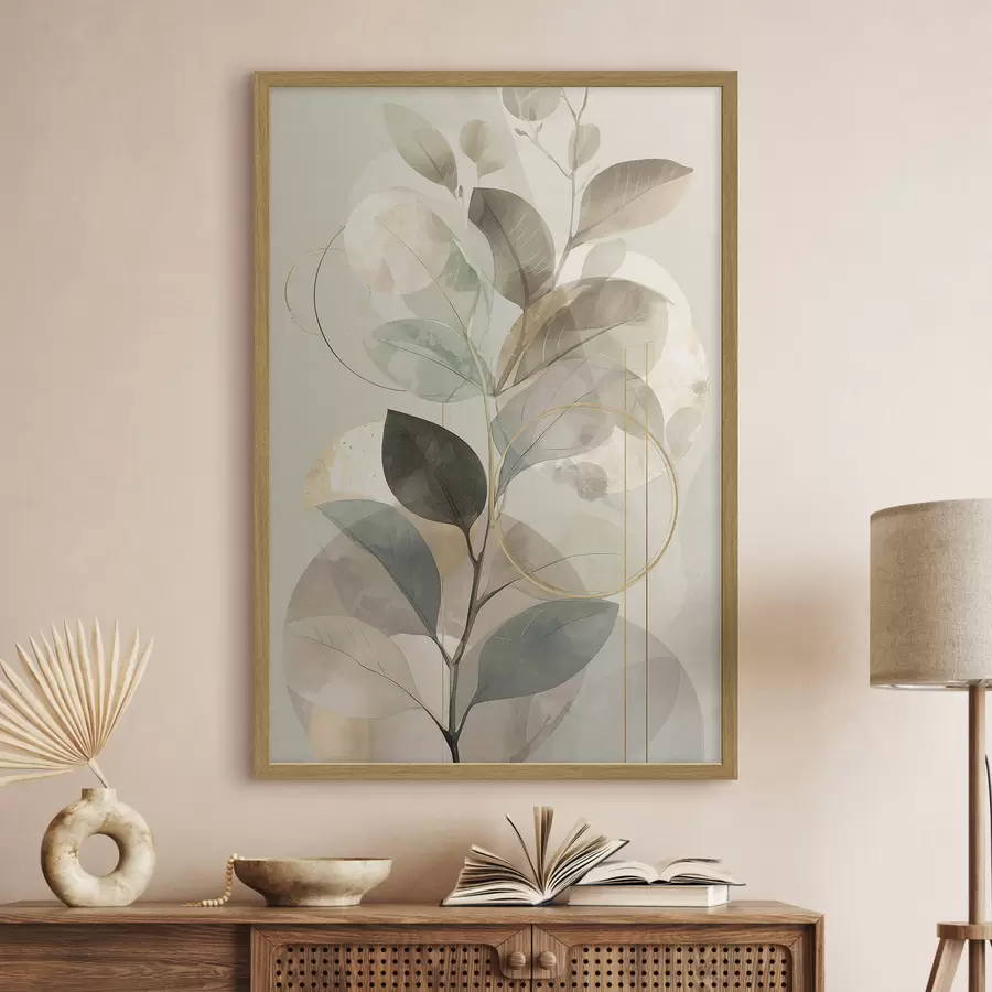 Fototapeta Minimalistyczna, abstrakcyjna grafika o tematyce botanicznej przedstawiająca elegancką gałązkę oliwną z delikatnymi liśćmi w kolorze szałwiowej zieleni i ciepłego beżu f49879