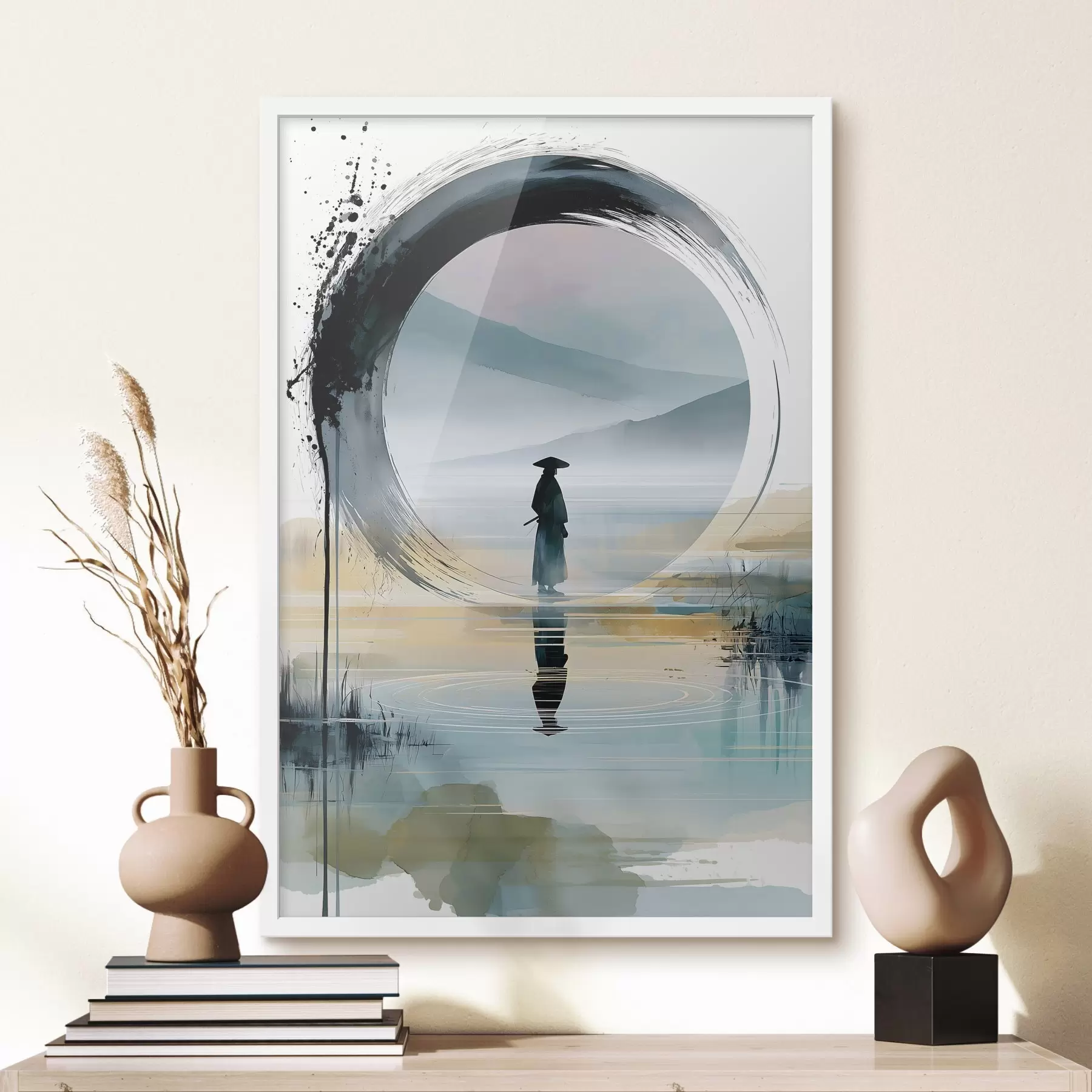 Fototapeta Współczesna ilustracja w stylu zen przedstawiająca samuraja, okrąg enso, pejzaż namalowany akwarelą oraz odbicie w lustrze f49880