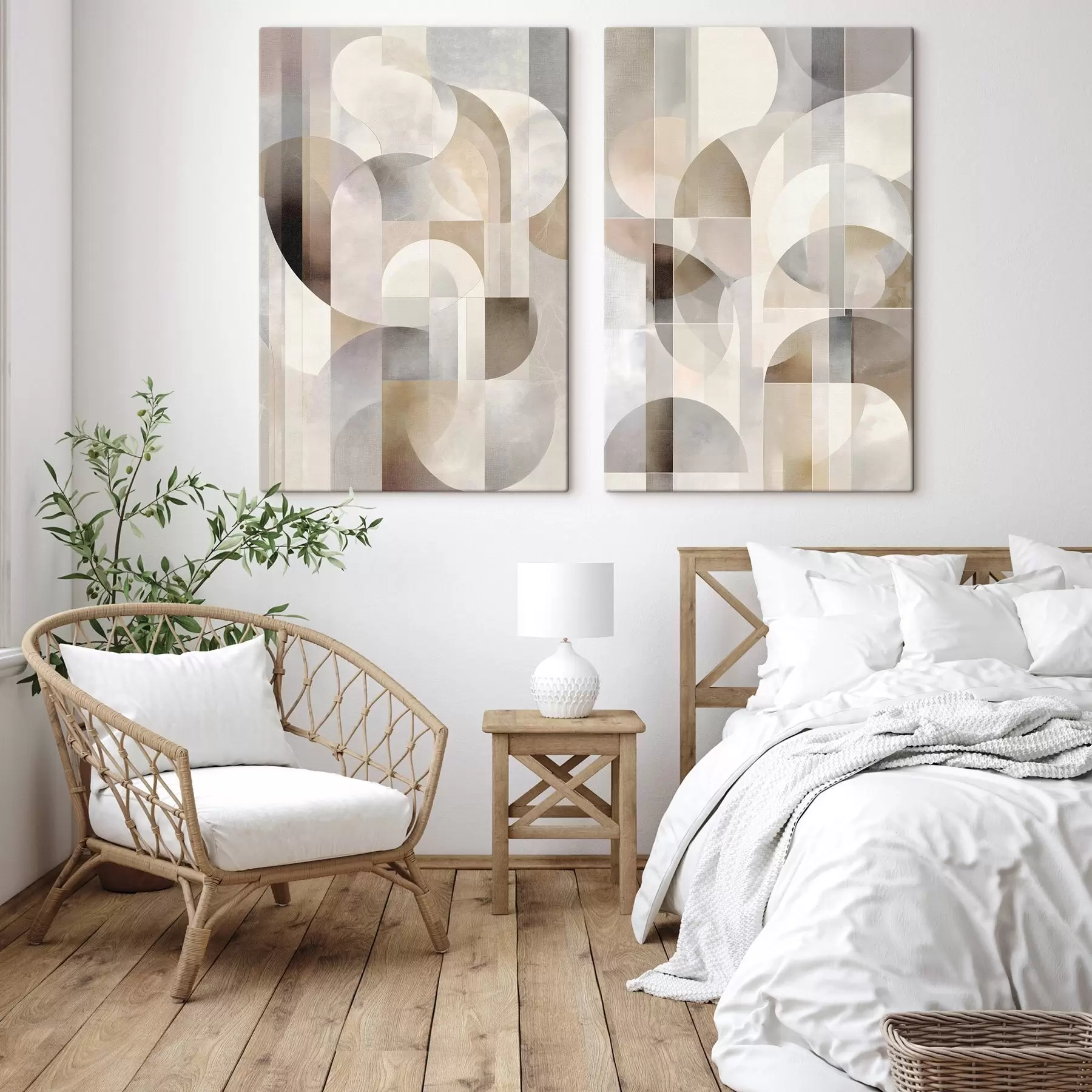 Obraz Minimalistyczna, geometryczna, abstrakcyjna kompozycja, utrzymana w palecie delikatnych odcieni beżu, kremu, szaro-brązu i szaro-beżu m30725