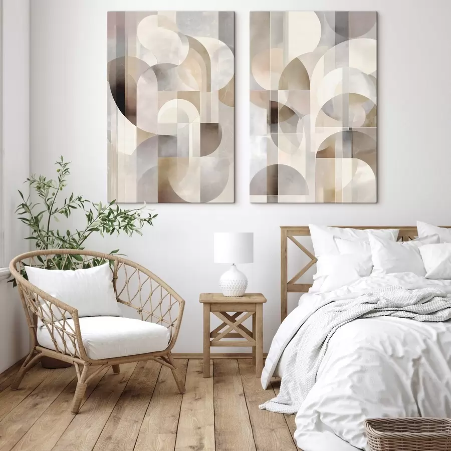Obraz Minimalistyczna, geometryczna, abstrakcyjna kompozycja, utrzymana w palecie delikatnych odcieni beżu, kremu, szaro-brązu i szaro-beżu m30725