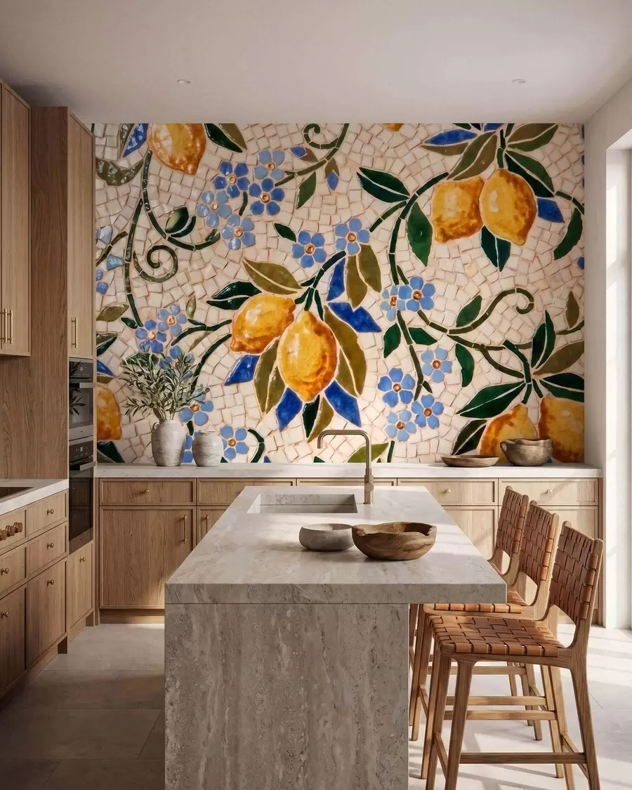 Fototapeta Jasna kompozycja dekoracyjna w stylu mozaiki ceramicznej, przedstawiająca soczyste cytryny, kwiaty, liście i gałęzie w09948