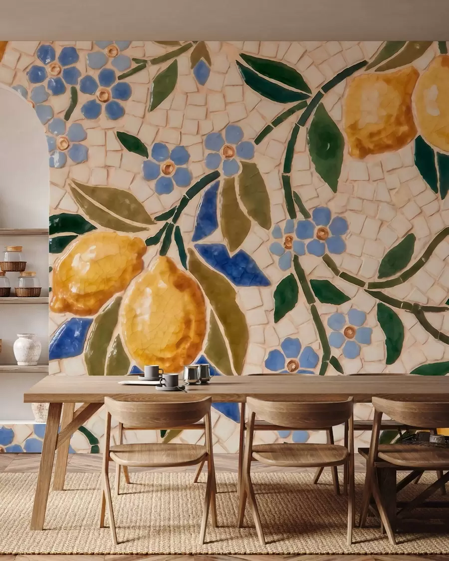 Fototapeta Jasna kompozycja dekoracyjna w stylu mozaiki ceramicznej, przedstawiająca soczyste cytryny, kwiaty, liście i gałęzie w09948