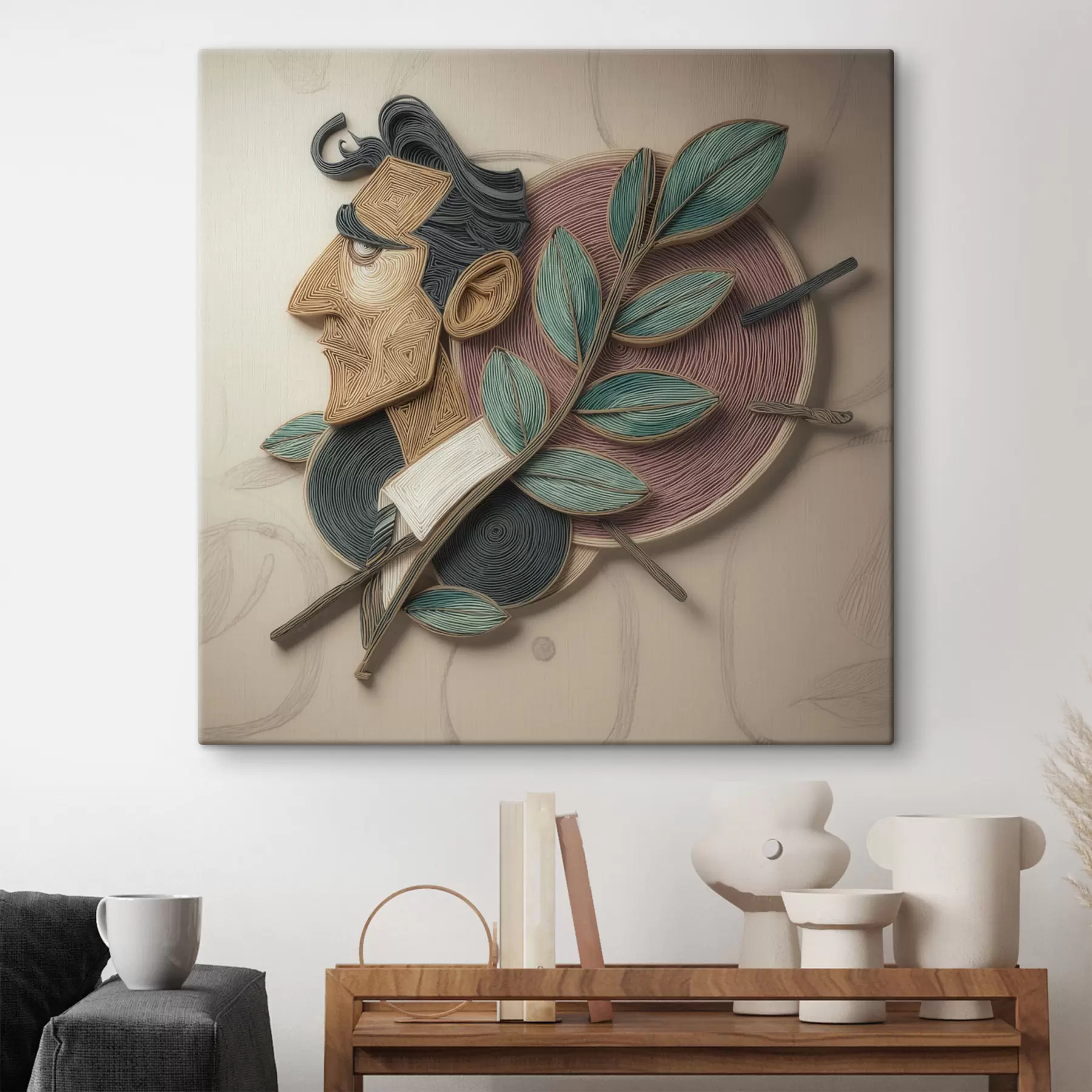 Obraz Abstrakcyjny portret mężczyzny z liściastą gałęzią, wykonany w stylu ilustracji o wyrazistej fakturze s49711