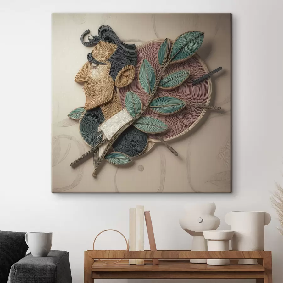 Obraz Abstrakcyjny portret mężczyzny z liściastą gałęzią, wykonany w stylu ilustracji o wyrazistej fakturze s49711
