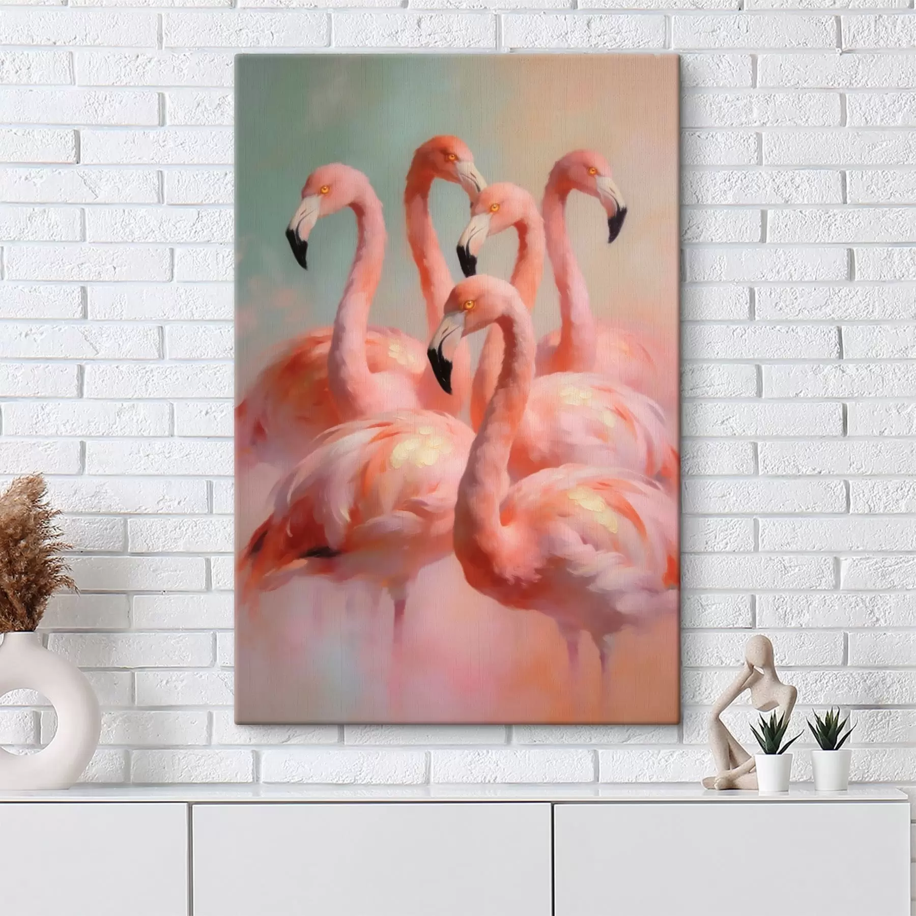 Obraz Różowe flamingi w delikatnych pastelowych barwach w stylu malarstwa olejnego s49726