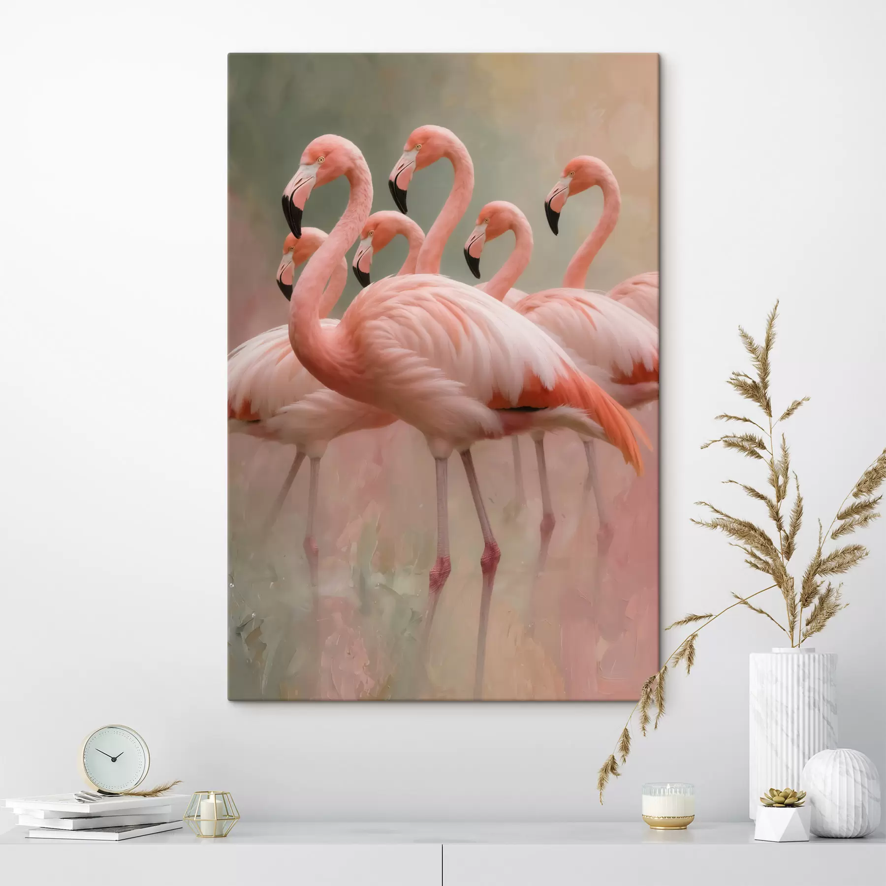 Obraz Ozdobny portret stada flamingów w stylu malarstwa współczesnego s49727