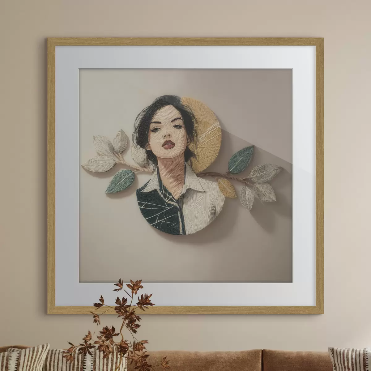 Plakat Kompozycja dekoracyjna przedstawiająca portret kobiety i liście w stylu graficznym f49710