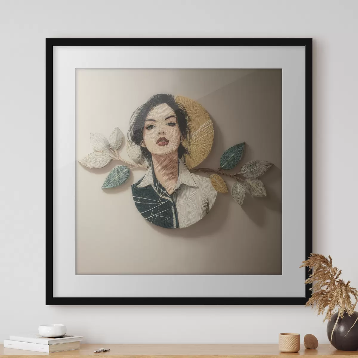 Plakat Kompozycja dekoracyjna przedstawiająca portret kobiety i liście w stylu graficznym f49710